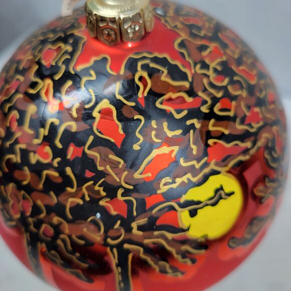 Vtg Poland Halloween Tree Ornament Orange Black Hand Painted Moon Trees Signed - Picture 15 of 16
